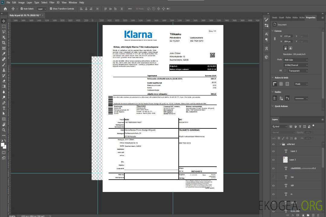 Finlande Klarna banque excel pdf template